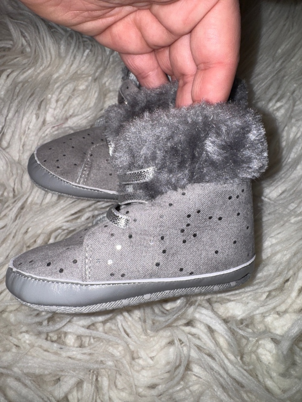 Gray Faux-Fur Lined Kids Booties with Sparkle Accents
